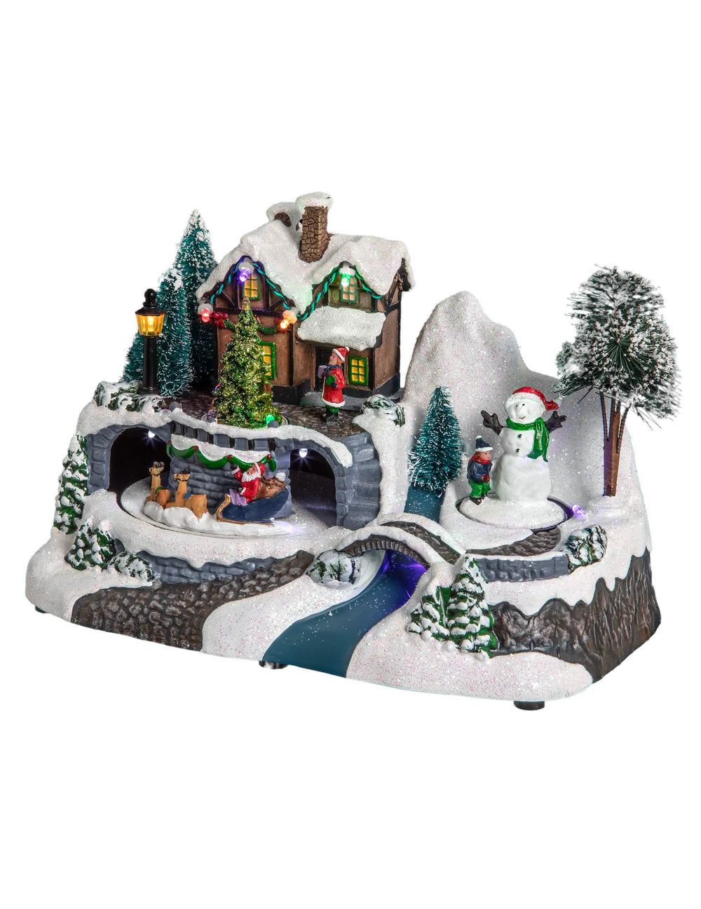 Village de noël lumineux maison pour décoration multicolore et pailleté avec bonhomme de neige