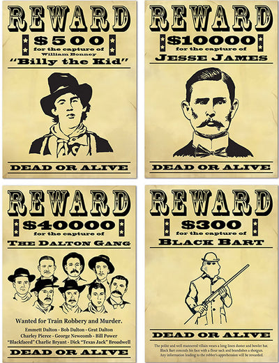 Affiches de récompense Bandits américains pour décoration noir et beige effet vintage