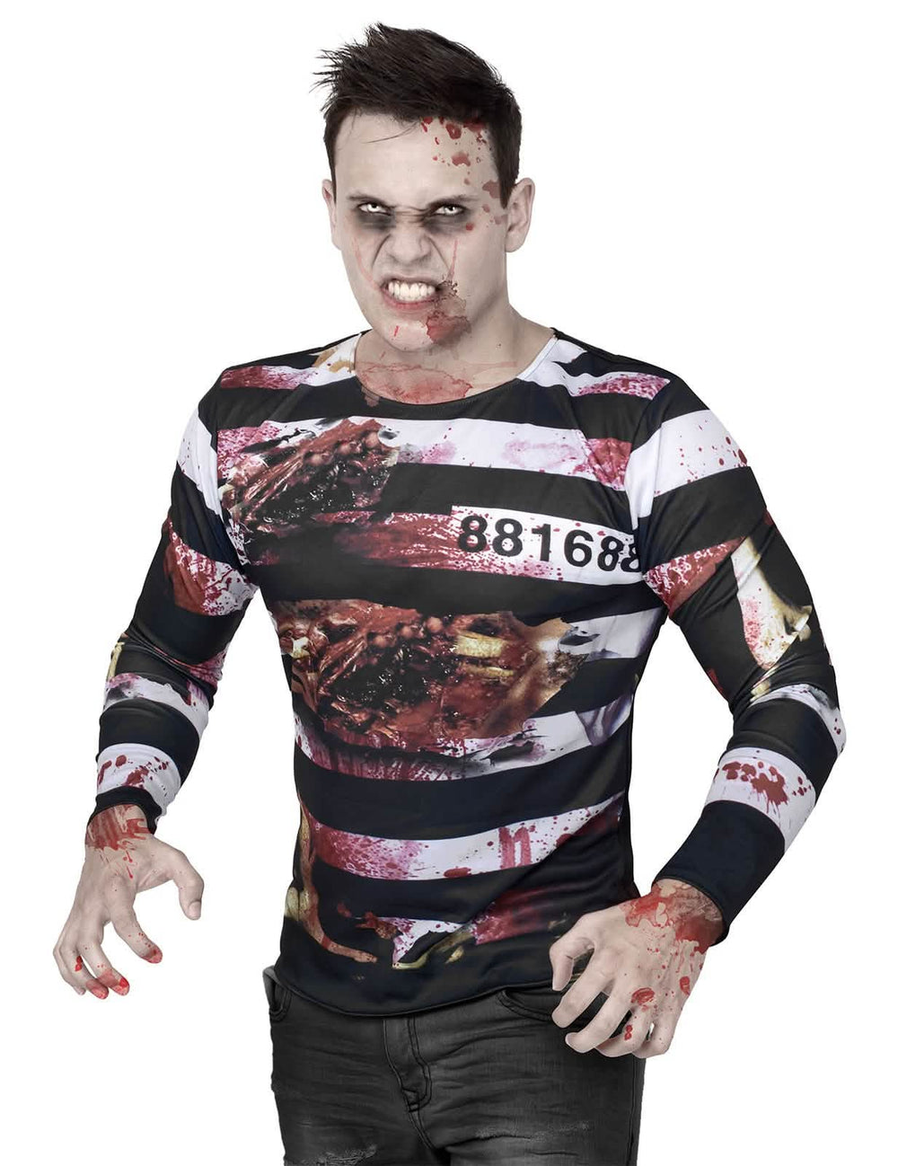 camisetas de zombie preso halloween para hombre a rayas blanco y negro ensangrentado