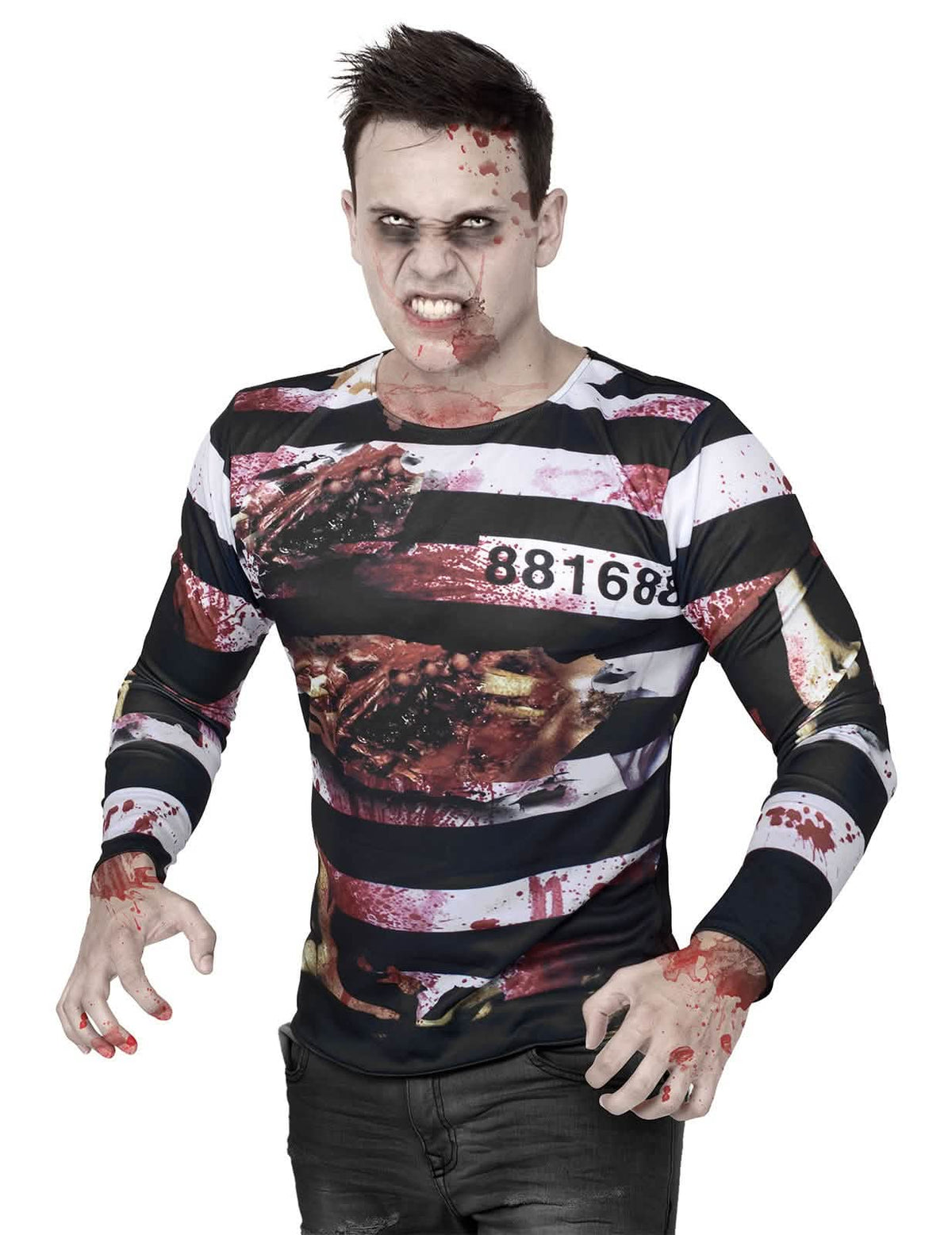 camisetas de zombie preso halloween para hombre a rayas blanco y negro ensangrentado