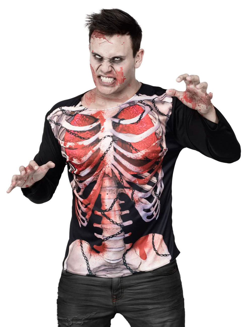 camisetas zombie esqueleto halloween para hombre negro con impresión de caja torácica ensangrentada
